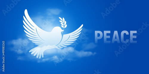 White dove silhouette flying with olive twig on the blue sky background with clouds. Symbol of peace. Vector illustration.