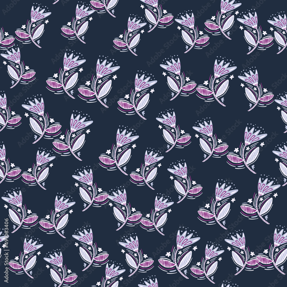 Seamless pattern with flowers and leaves in folk style. Naive art. Abstract floral wallpaper