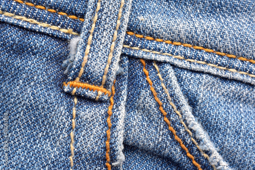 Macro of belt loop jeans pants, Denim texture pattern, Close up of stitch and fabric detail background.