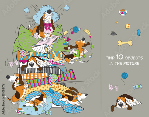 Funny dogs basset hound. Find 10 hidden objects in the picture. Hidden Object Puzzle. Vector illustration.