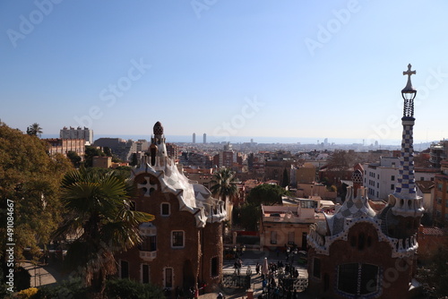 The famous Parc Güell designed by the architect Gaudí in the city of Barcelona, composed of gardens and architectural elements located on Carmel Hill, in Barcelona, Catalonia, Spain