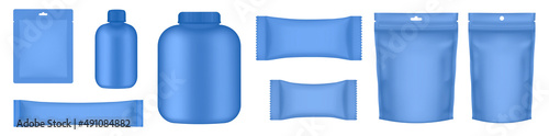 Set of realistic pouch mockups. Blue flow pack, sugar stick, sachet, zip bag, jar, bottle and doypack. Ice cream wrapper. Sheet mask sachet. Soap or wet wipes packaging.