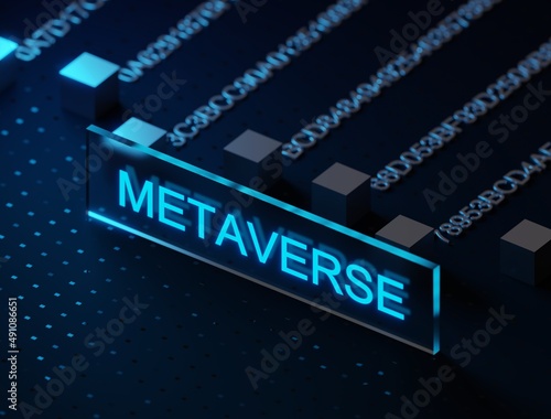 Metaverse text word on glass blockchain Web 3.0  technology 