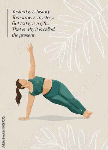 A body positive woman does yoga poster. Yogi girl.