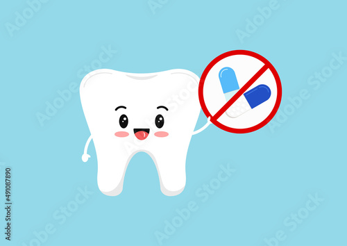 Cute tooth with no pills sign emoji character. Visit a dentist, do not use painkillers long time, treatment concept. Vector flat design kawaii style kid teeth dentistry mascot illustration.