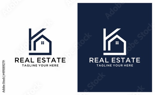Real Estate K initials logo, Property and Construction K Logo design Vector, lineart homes logo concept Real estate service, construction, Growth house, home logo on a blue and white background.