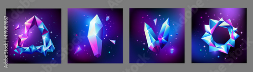 Abstract trendy cosmic poster set with crystal gems frame and pyramid geometric shapes in space. Neon galaxy background. 80s style. Poster with polygon pyramid or crystal. Vector illustration.
