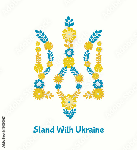 Stand with Ukraine concept background. Ukraine trident with floral pattern. Pray For Ukraine peace. Save Kyiv from Russia.