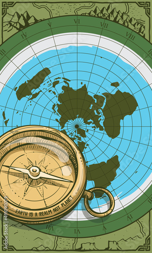 Vector illustration of Flat Earth theory Map of cardinal directions. Flat world map illustration. compass determines direction.
