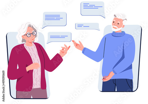An elderly woman and an elderly man communicate using a video call on a smartphone. Parents. Senior couple talking, chatting, messaging, gossip on social media. Flat vector illustration