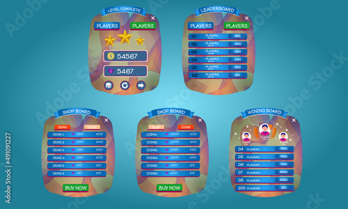 Casual cartoon kids game shop sale time, leaderboards and level complete menu pop up Premium Vector