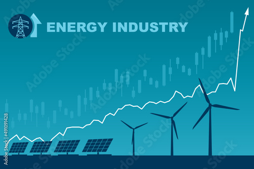 Silhouette of a wind turbine and solar panels. Ascending price chart for the energy industry the concept of a vector illustration of price growth