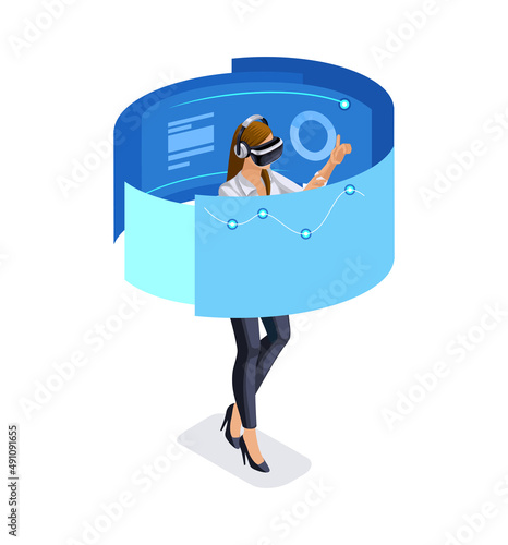 Isometric digital monitor with infographics. Business help concept. Interactive information kiosk, Advertising display, Terminal counter