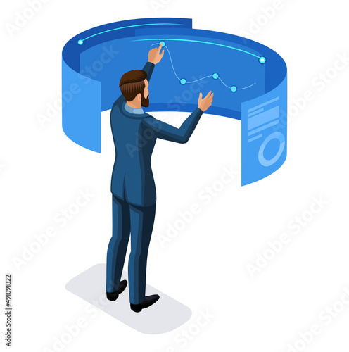 Isometric digital monitor with infographics. Business help concept. Interactive information kiosk, Advertising display, Terminal counter