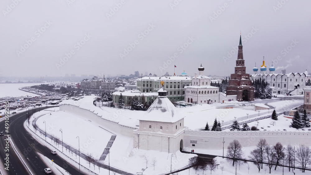  View from the height of the copter of the Kazan Kremlin on a snowy winter day.