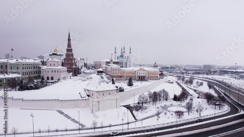  View from the height of the copter of the Kazan Kremlin on a snowy winter day.