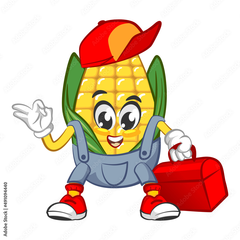 Cute corn character being handyman and his toolbox. Vector hand drawn cartoon kawaii mascot illustration icon. Isolated on white background. Corn character concept Cute corn character being handyman and his toolbox. Vector hand drawn cartoon kawaii mascot illustration icon. Isolated on white background. Corn character concept
