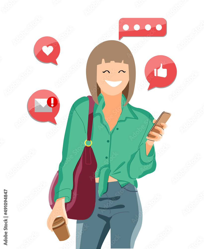 A young woman communicates in a messenger or a social network. A young woman communicates in a messenger or a social network.