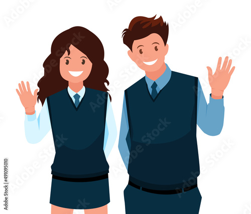 A portrait of the student s character waving his hand, flat design concept. vector illustration