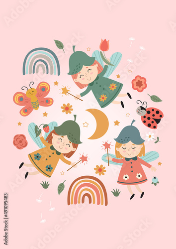 magic poster with fairies, insect, rainbows and moon