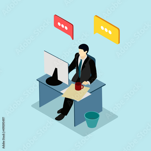 Workplace. Working on computer. Businessman looking at the laptop screen.