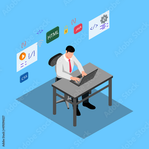 Workplace. Working on computer. Businessman looking at the laptop screen.