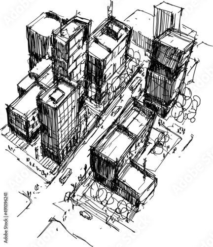 hand drawn architectural sketch of a modern city with high buildings and people in the streets