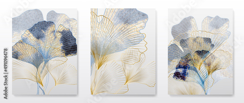 Luxury art background with blue and gold ginkgo leaves. Botanical poster with watercolor leaves in art line style for decor, design, wallpaper, packaging