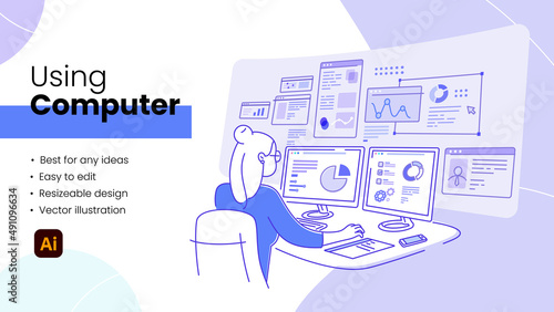 The happy woman works online at office table with computer. Modern employee at the desk, working and using the internet. Flat vector illustration of woman at workplace isolated on white background.
