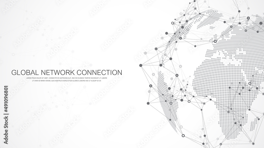 Global network connection concept. Social network communication in the global business. Big data visualization. Internet technology. Vector illustration. - obrazy, fototapety, plakaty 