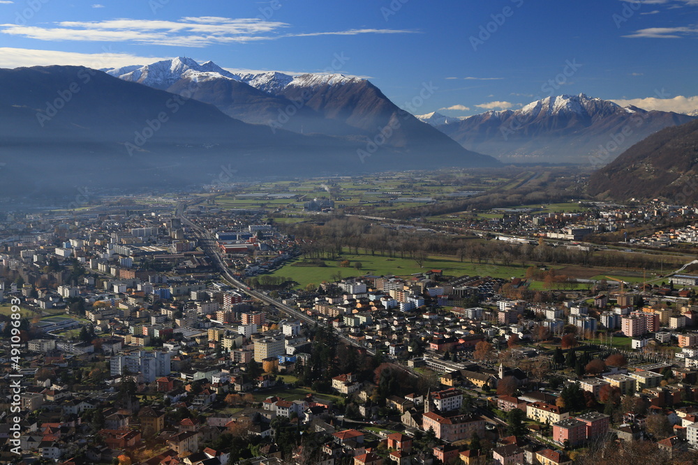 The aerial view of the landscape around the town of Bellinzona in Alps, Ticino, Swiss.