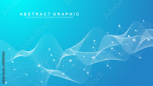 Digits abstract background with connected line and dots, wave flow. Digital neural networks. Network and connection background for your presentation. Graphic polygonal background. Vector illustration.