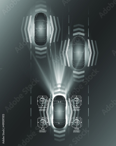 Car interface in HUD, GUI, UI style. Automotive sensing system concept. Autonomous car. Driver assistant system. Car top view with electronic digital interface, parameters and options, scans the road