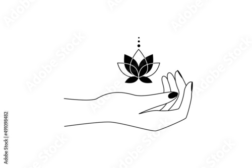Magic hand with sacred lotus flower line art. Alchemy spiritual tribal symbol for create branding name or logo in outline style. Esoteric and mystical design element. Contour Vector illustration