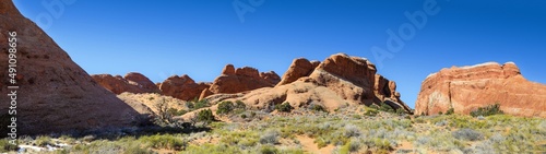 Panoramic view of dramatic rock formations in Arches National Park 