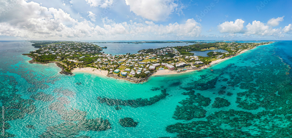 Wide angle aerial panorama of Bermuda coastline