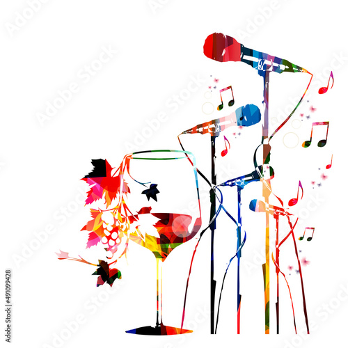  Colorful wine glass with vine and microphones vector illustration. Wine tasting event, wine festival, celebrations, restaurant poster. Wine drink design for brochure, invitation card, menu, promotion