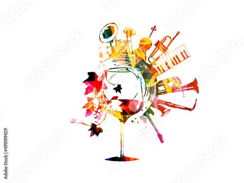 Colorful wine glass with vine and musical instruments vector illustration. Wine tasting event, wine festival, celebrations, restaurant poster. Design for brochure, invitation card, menu, promotion