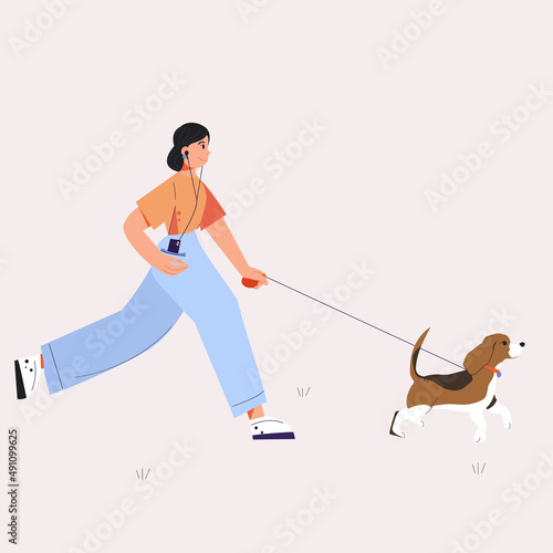 The girl is jogging with a dog. Beagle. The owner walks the dog. Vector illustration