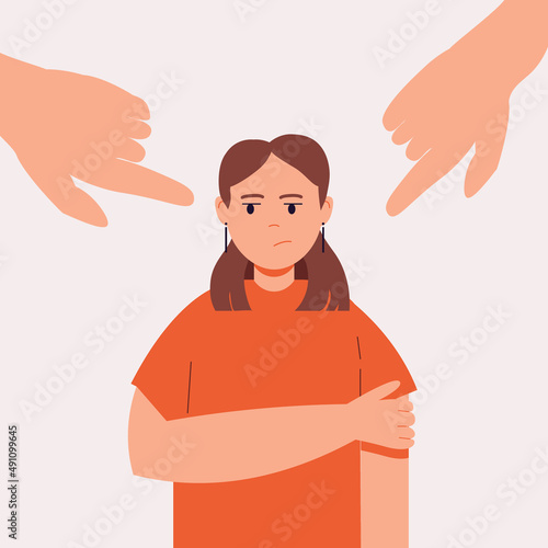 The girlis embarrassed. The woman is poked with fingers. Shame. Anger. Vector illustration