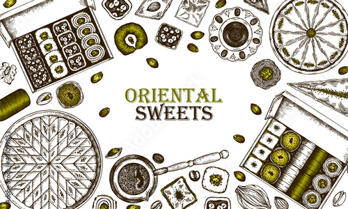 Sketch drawing poster of pistachio Oriental Sweets isolated on white background. Engraved Turkish delight, coffee, black tea, baklava, tulumba, arabian dessert, asian sweet food. Vector illustration.