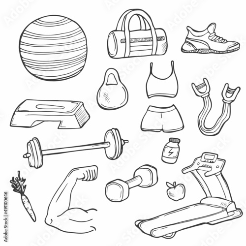 Fitness doodles set. Sport equipment, exercise machines and training accessories.