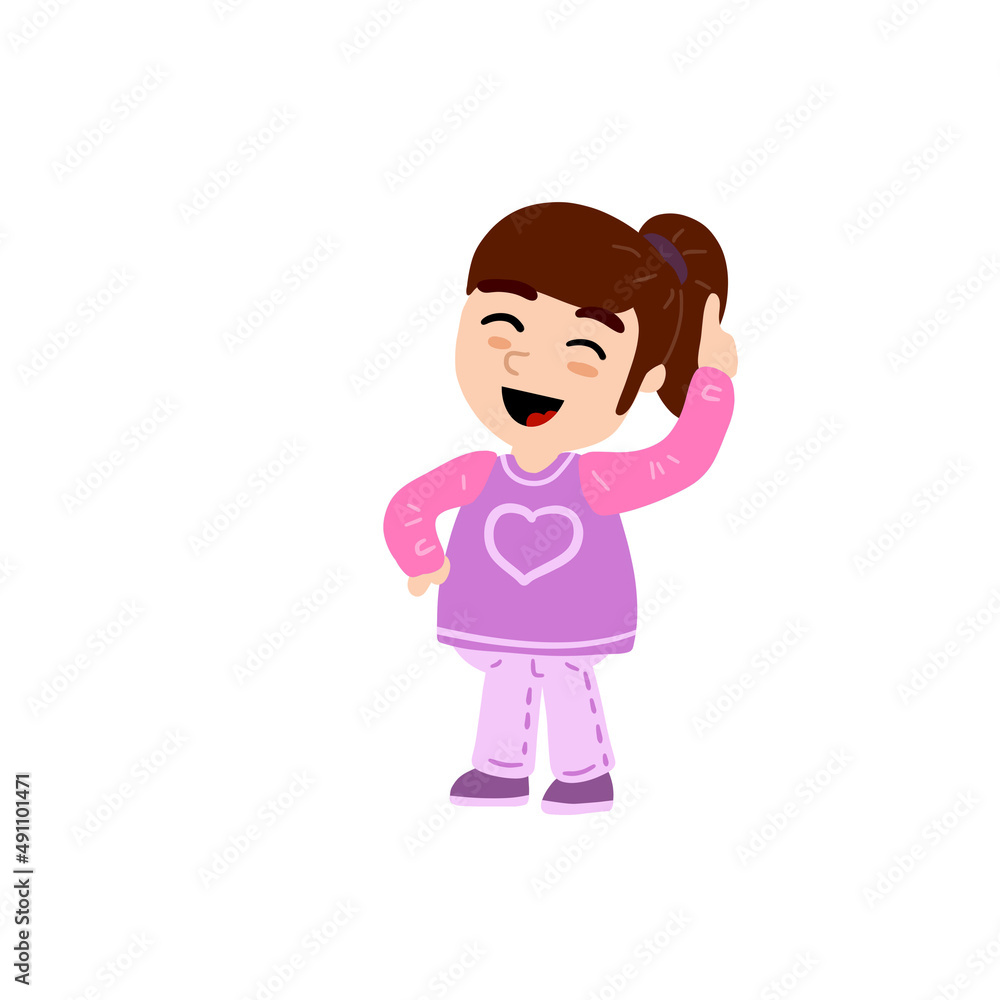 Smart little girl points her finger up. Happy child. Cute Character in pink clothes