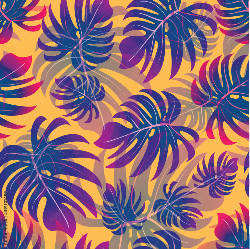 Palm. Seamless pattern with branches and leaves of tropical plants, trees. Vector image. 