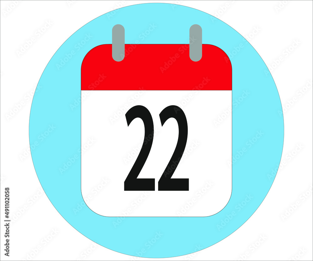 day 22 red calendar icon with blue circle on white background day 22 red calendar icon with blue circle on white background