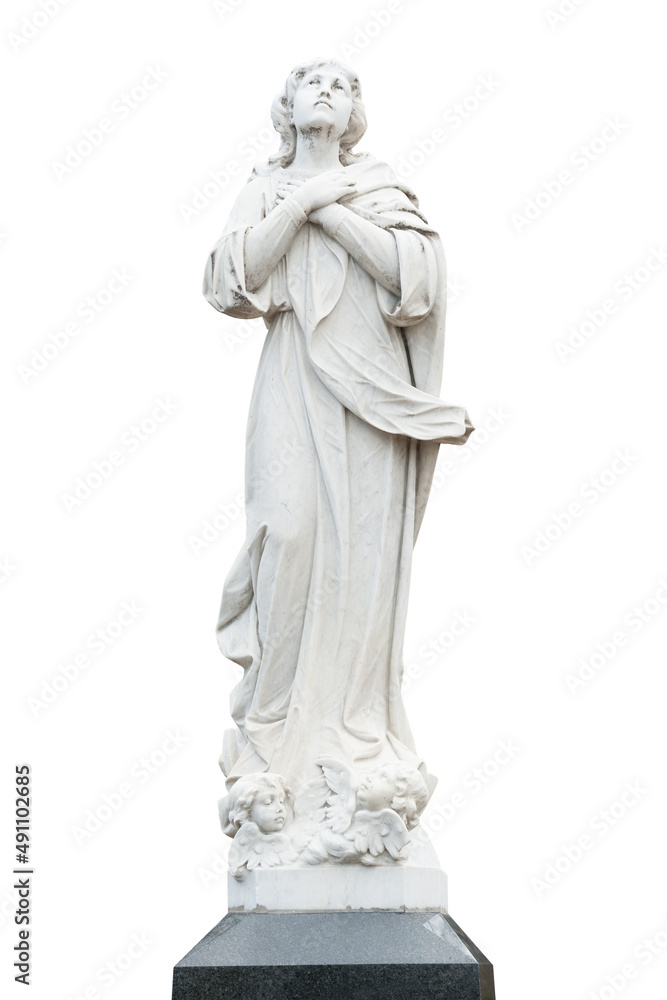 Sculpture of a grieving woman looking up with arms folded on her chest isolated on the white background