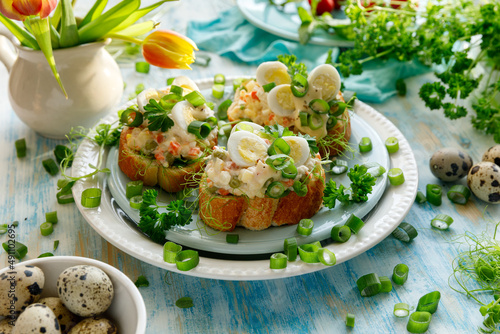 Photography Sandwiches with the addition of traditional vegetable salad, quail eggs and fresh green onions