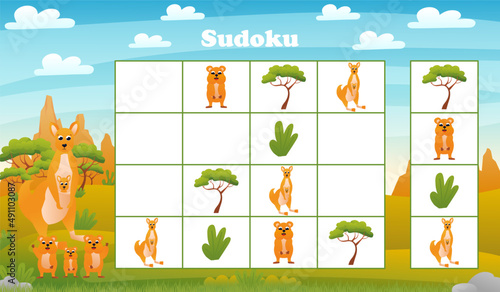 Kids sudoku board game with cartoon kangaroo and quokka in desert. riddle with australian animals characters