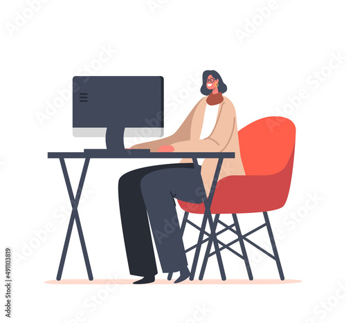 Smiling Business Woman or Freelancer Graphic Designer Character Working on Laptop Sitting at Desk Work on Tasks
