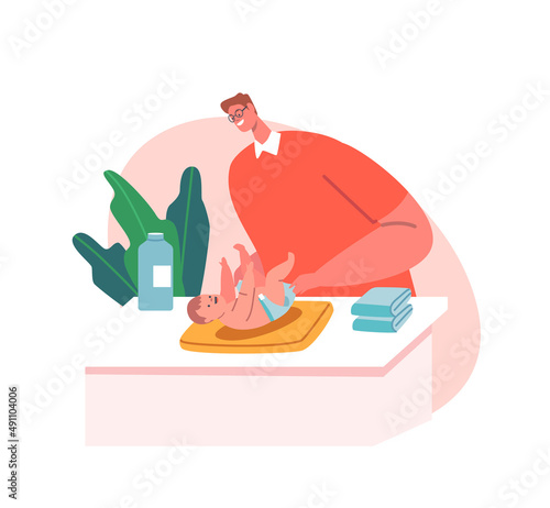 Loving Father Changing Diapers to Cute Newborn Child. Father on Maternity Leave Care of Daughter or Son, Parenting Duty
